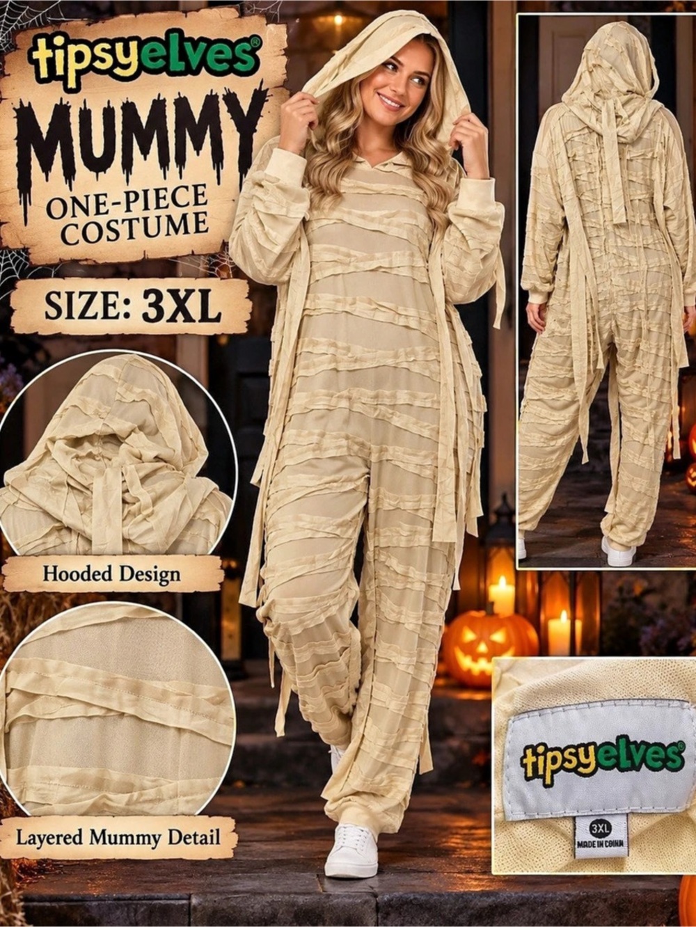 Tipsy Elves Mummy Costume Hooded One-Piece Cream 3XL
